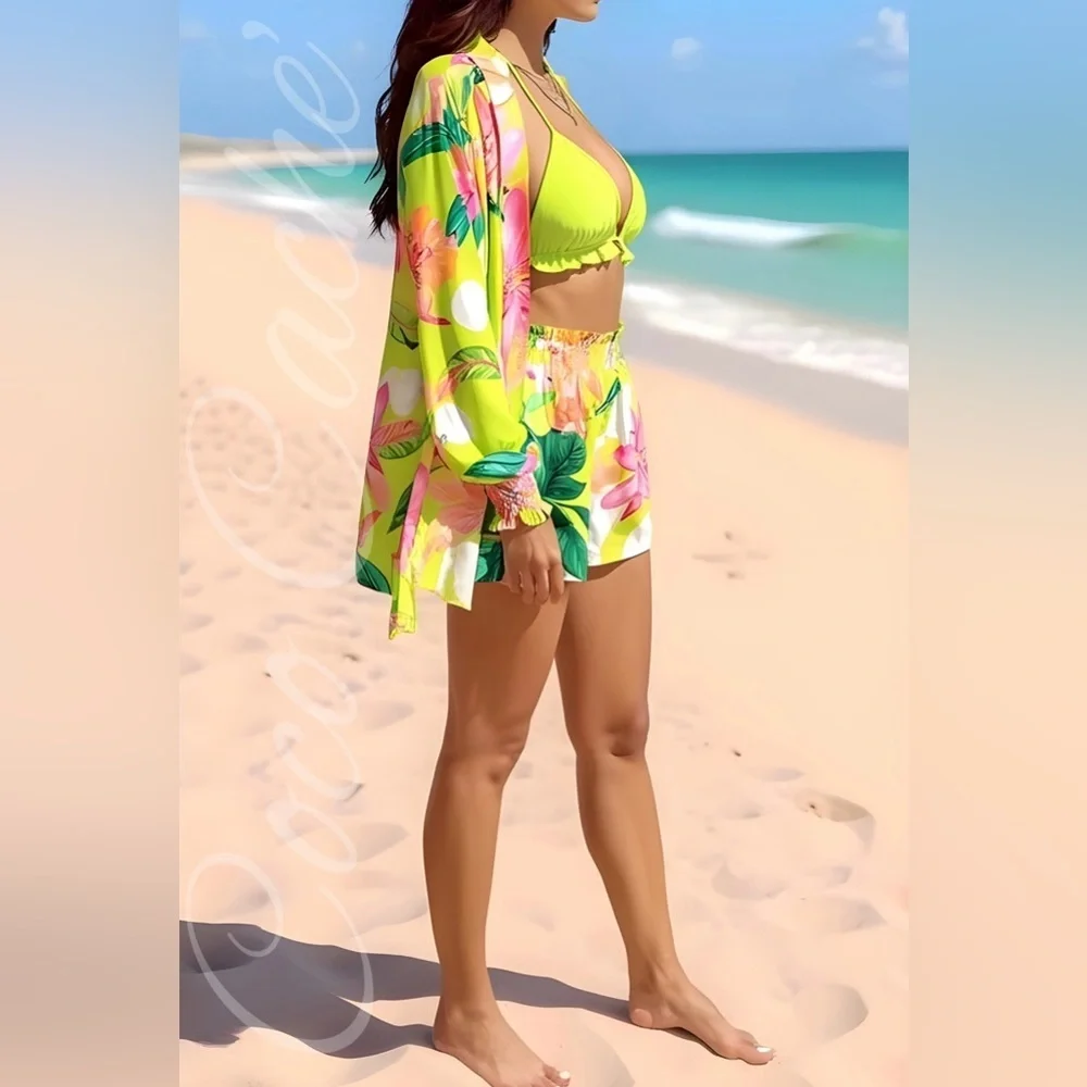 Vibrant Tropical Print Matching Shorts Shirt and Bikini Swimsuit Coverup. - Picture 2 of 14